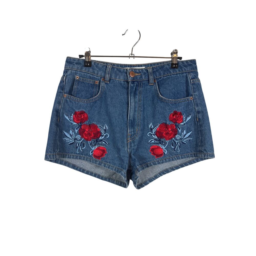 H&M Coachella Rose Denim Shorts Womens 10 Blue Embroidered Floral High Rise